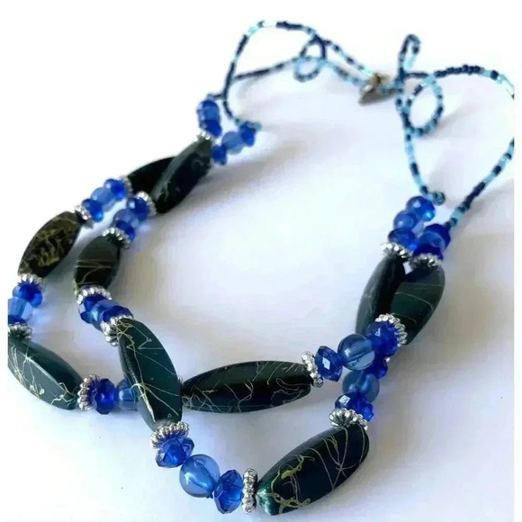 Blue Beaded Necklace Multi Strand Green Faceted 24" - Picture 5 of 8